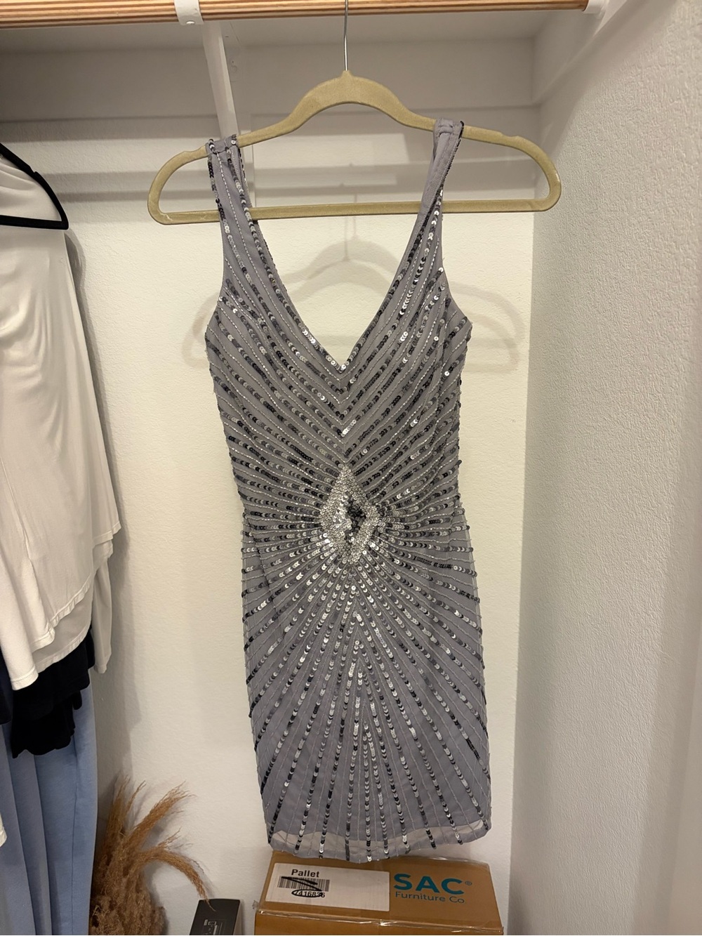 Aidan Mattox Silver Sequin V-Neck Mini Dress